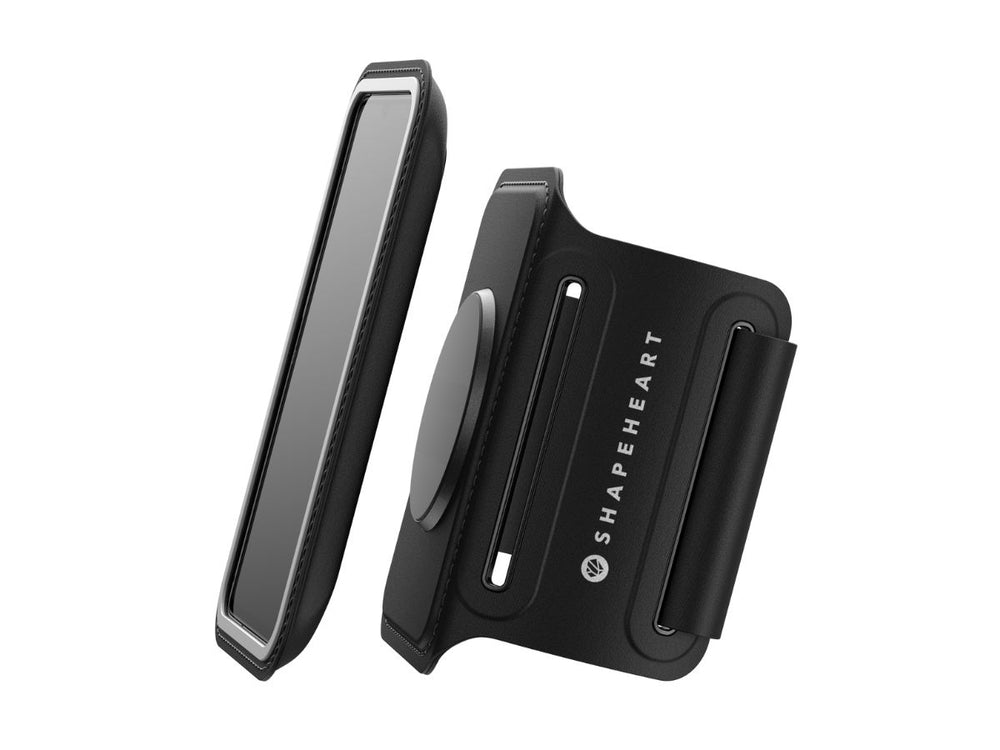 Vue de côté du brassard Shapeheart, comprenant une base magnétique et une pochette tactile.