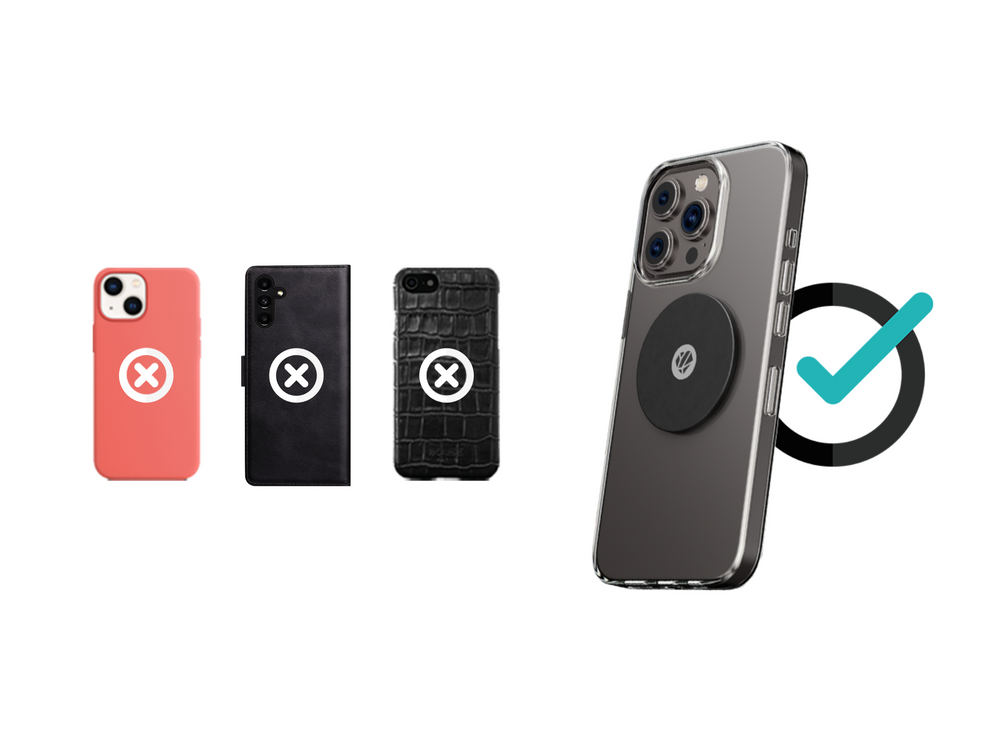 Compatibilité de la plaque métal Shapeheart illustrée avec différents modèles de coques, non-compatible avec coque antiadhésive, texturé ou cuir