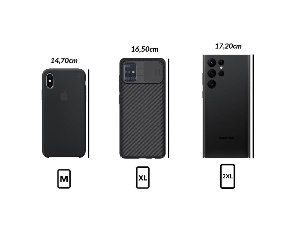 Wählen Sie die Größe von Hülle entsprechend der Größe Ihres Telefons mit der Hülle: Ist Ihr Smartphone kleiner als 14,70 cm? Wählen Sie die Größe M. Zwischen 14,70 cm und 16,50 cm? Dann wählen Sie die Größe XL. Mehr als 16,50 cm und bis zu 17,20 cm? Wählen Sie die Größe 2XL.